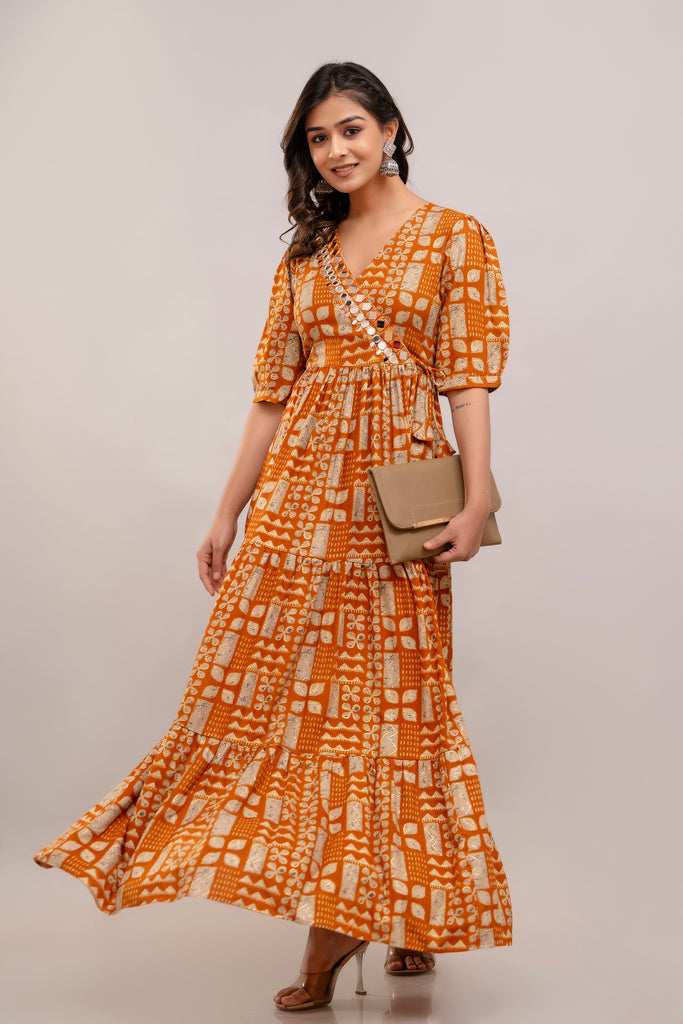 Mirror Embroidered Burnt Orange Rayon Gown