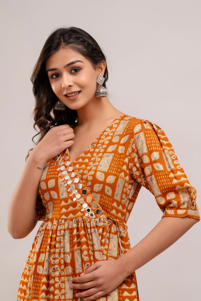 Mirror Embroidered Burnt Orange Rayon Gown