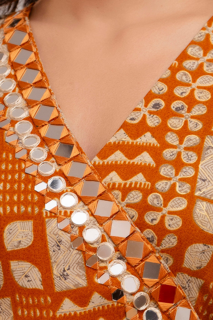 Mirror Embroidered Burnt Orange Rayon Gown