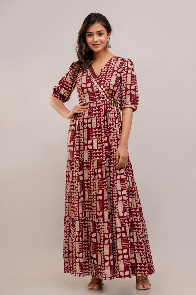 Mirror Embroidered Maroon Rayon Gown