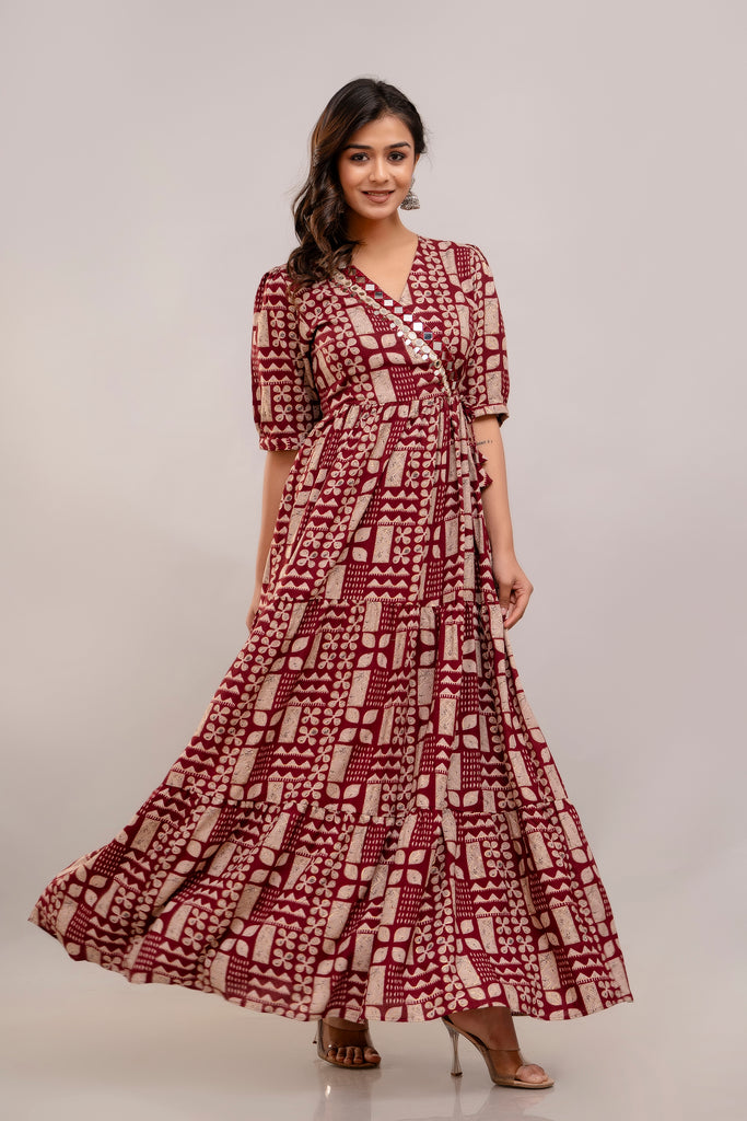 Mirror Embroidered Maroon Rayon Gown