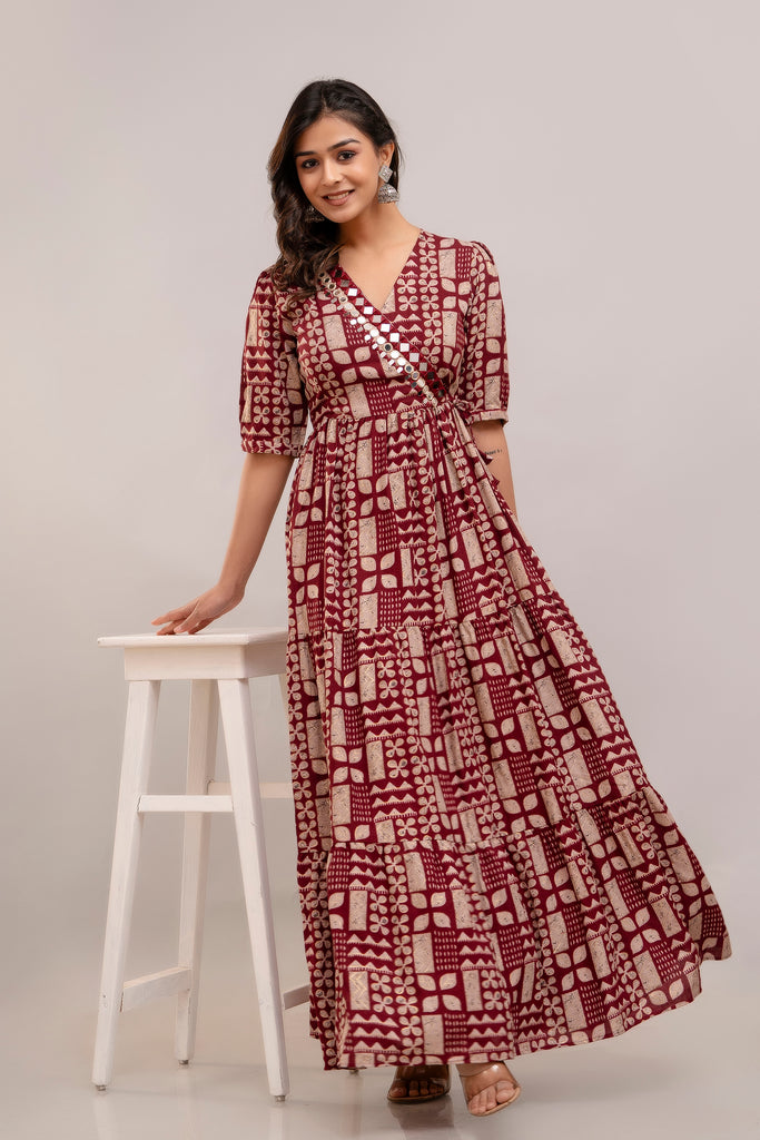 Mirror Embroidered Maroon Rayon Gown