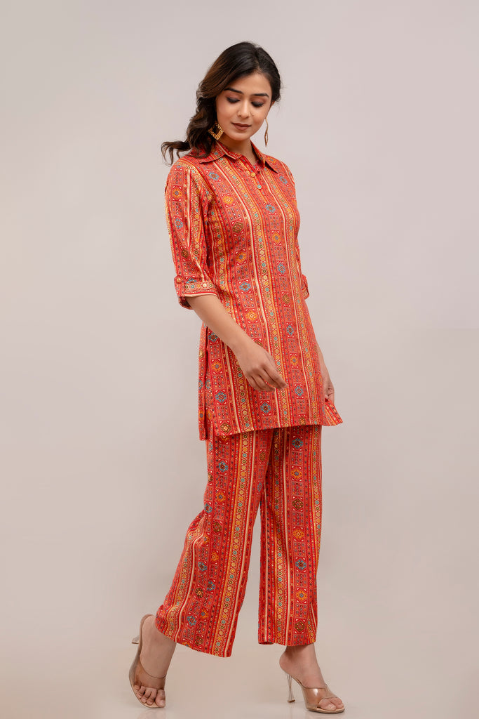 Foil Printed Red Rayon Co-ord Set